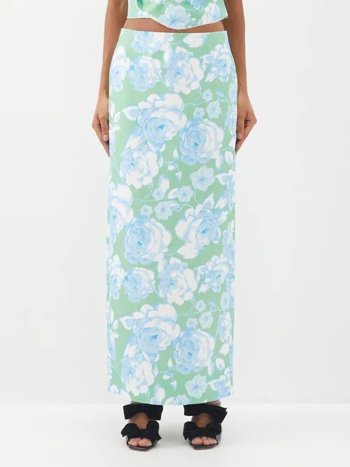 Floral Cotton-blend Maxi Skirt - Womens - Blue Green