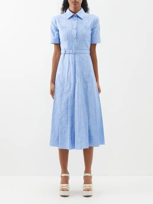 GG-print Belted Cotton-poplin Shirt Dress - Womens - Light Blue