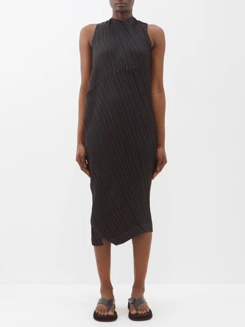 Intangible Pleats Asymmetric Midi Dress - Womens - Black