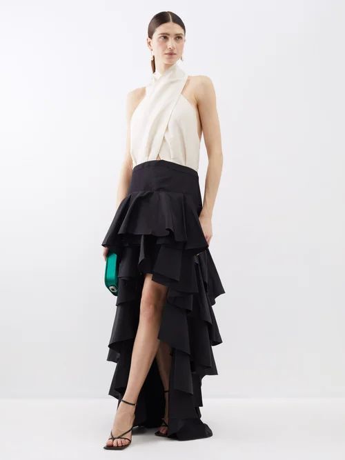 Kelsang Halterneck Ruffled Silk-faille Maxi Dress - Womens - Black White