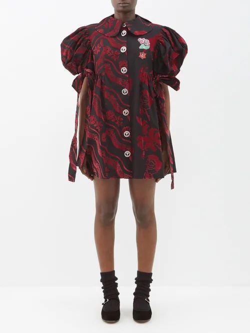 Lax Flocked Organic-cotton Poplin Mini Dress - Womens - Black Red Print