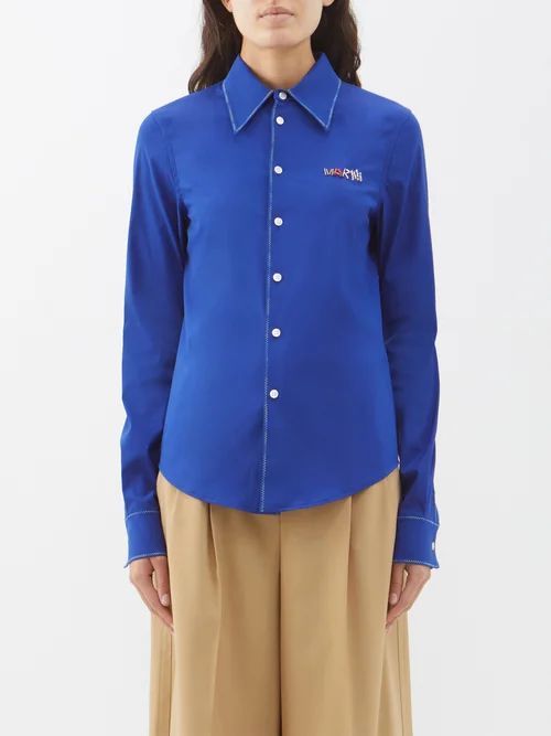 Logo-embroidered Cotton-blend Shirt - Womens - Blue
