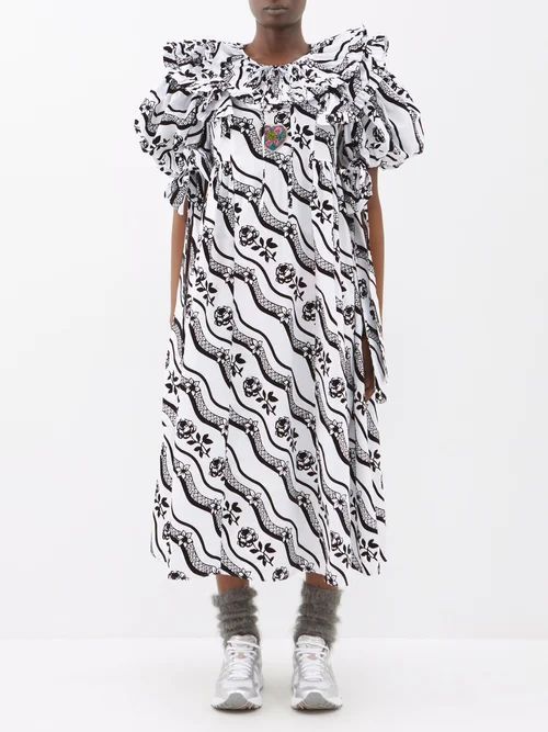 Moss Ruffle-collar Cotton Midi Dress - Womens - White Black