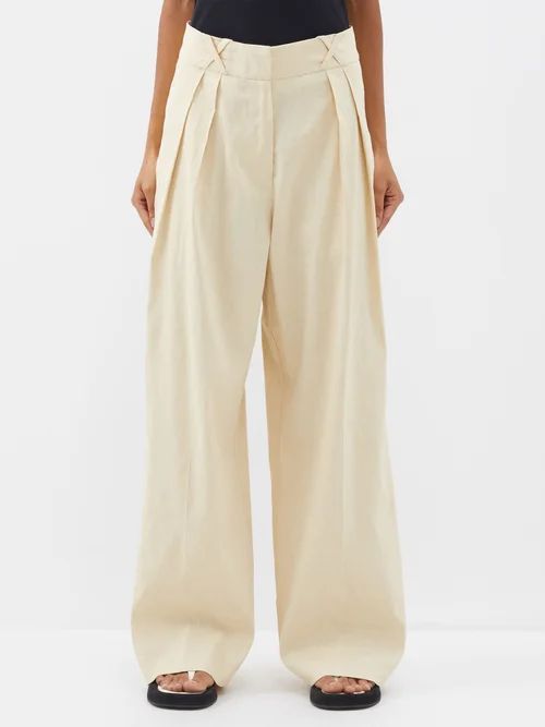 Pleated Linen-blend Straight-leg Trousers - Womens - Cream