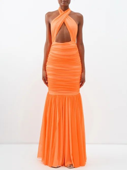 Ruched Tulle Halterneck Fishtail Gown - Womens - Orange