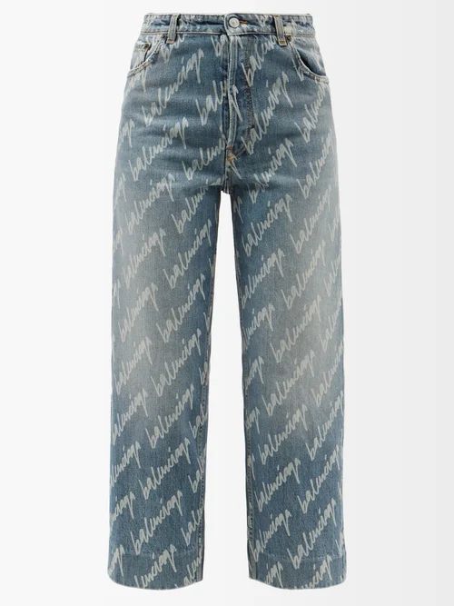Scribble-print Cropped Jeans - Womens - Light Denim