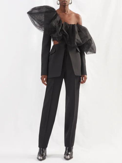 Tulle Off-the-shoulder Barathea Jacket - Womens - Black