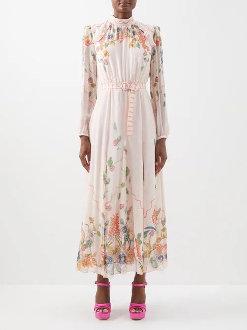 Jacqui B Floral-print Silk Dress - Womens - Light Pink Multi