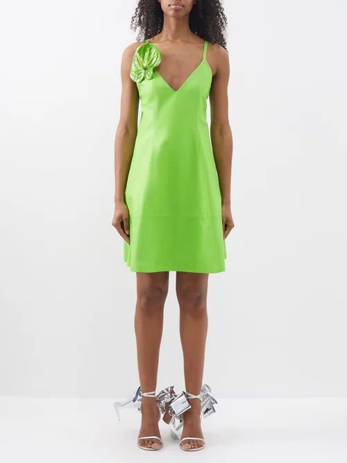 Anthurium-appliqué Leather Mini Dress - Womens - Green