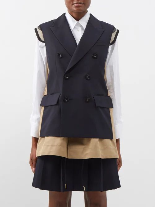 Double-breasted Technical-blend Sleeveless Jacket - Womens - Navy Beige