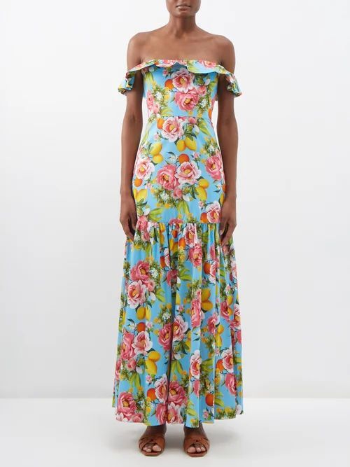 Farrah Off-the-shoulder Floral-print Cotton Dress - Womens - Blue Pink