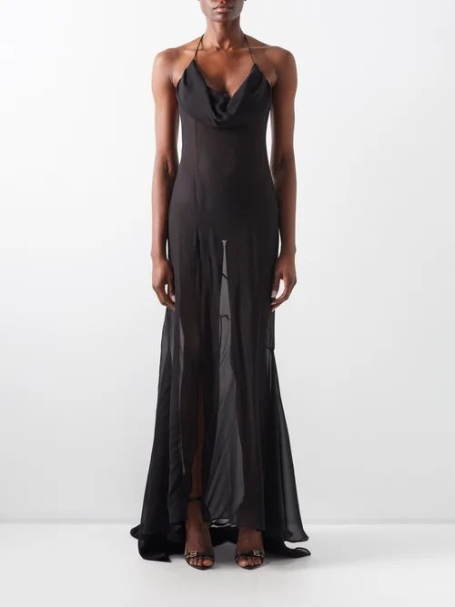 Halterneck Side-slit Silk-georgette Gown - Womens - Black