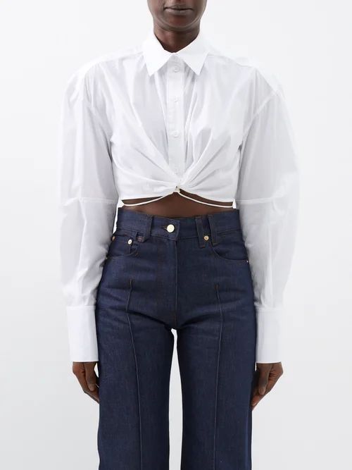 Knot-front Tie-waist Cotton-poplin Cropped Shirt - Womens - White