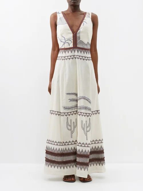 Nellie V-neck Desert-embroidered Linen-blend Dress - Womens - Ivory Multi