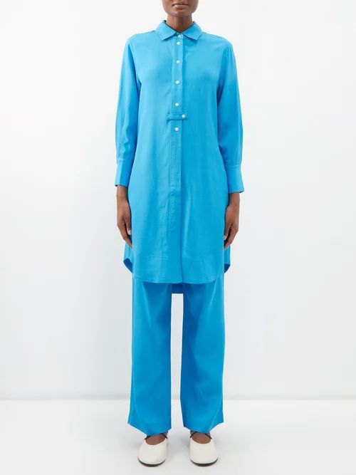 Point Collar Twill Midi Dress - Womens - Blue