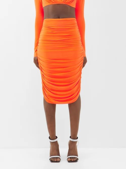 Ruched Jersey Midi Skirt - Womens - Orange