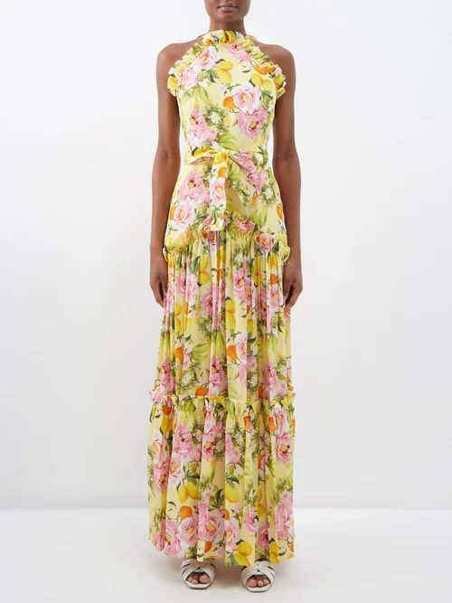 Tatiana Floral-print Ruffled Silk-crepe Maxi Dress - Womens - Yellow Multi