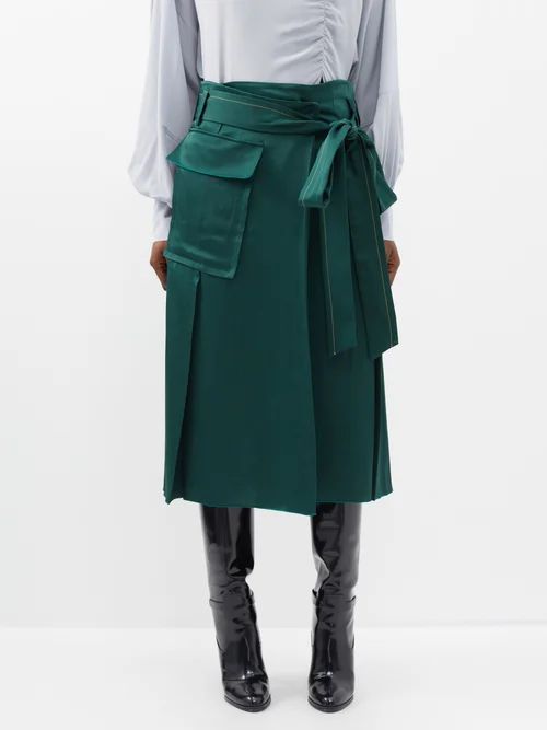 Tie-waist Satin Midi Skirt - Womens - Green