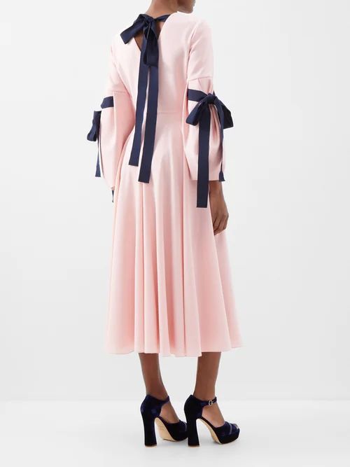Bow-sleeve Pleated Crepe Midi Dress - Womens - Pale Pink