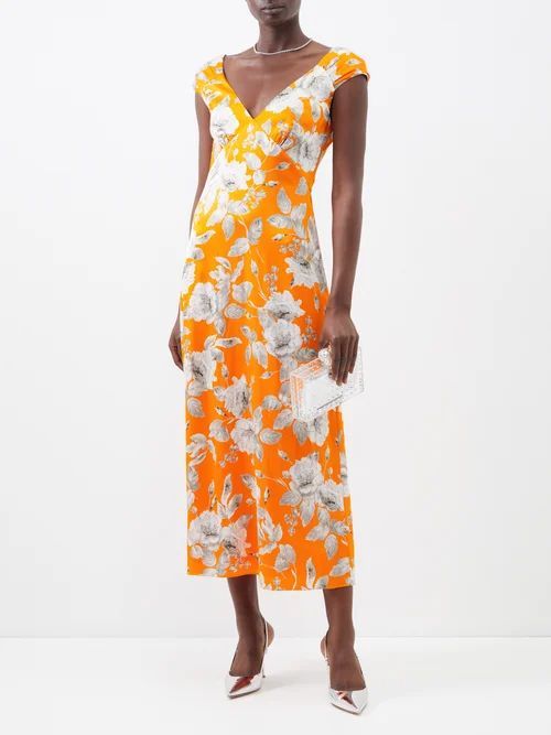 Garnelle Peony-print Satin Midi Dress - Womens - Orange Multi