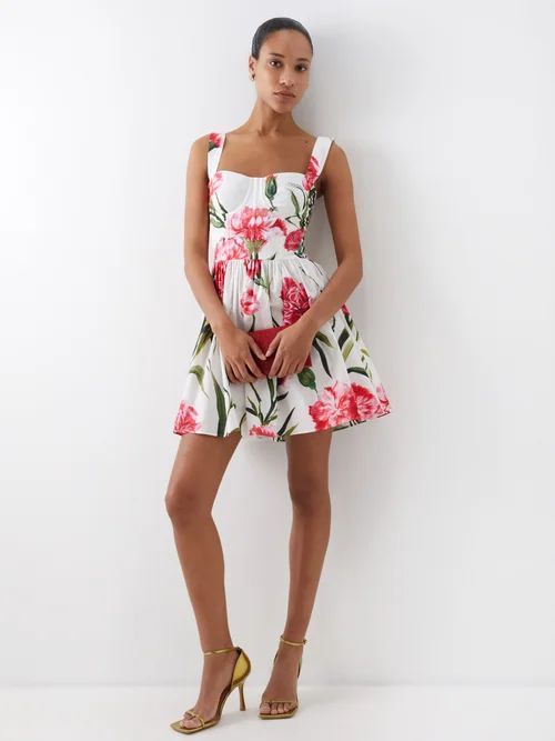 Happy Garden Carnation-print Cotton-poplin Dress - Womens - White Print