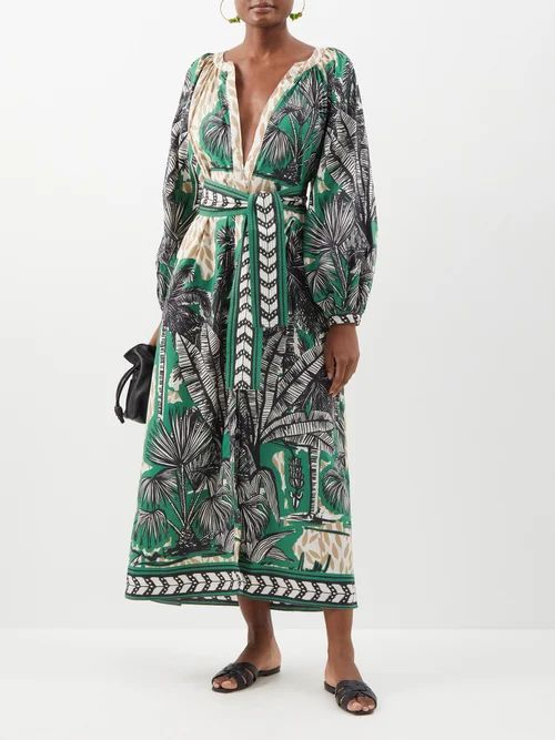 Quiet Solitude Belted Cotton Maxi Dress - Womens - Green Print