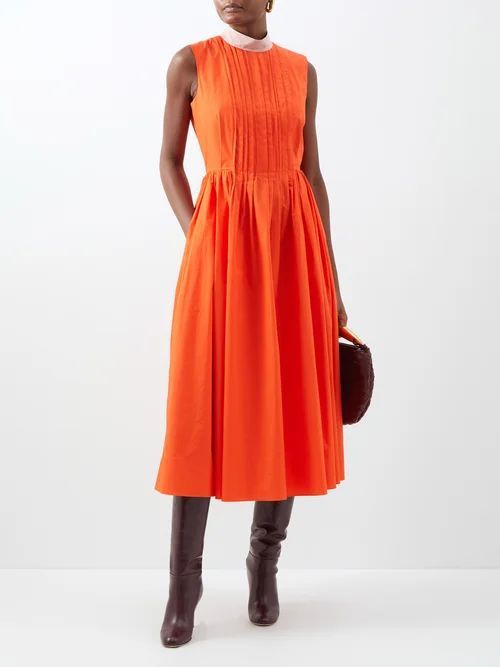 Pintucked Cotton-poplin Midi Dress - Womens - Orange