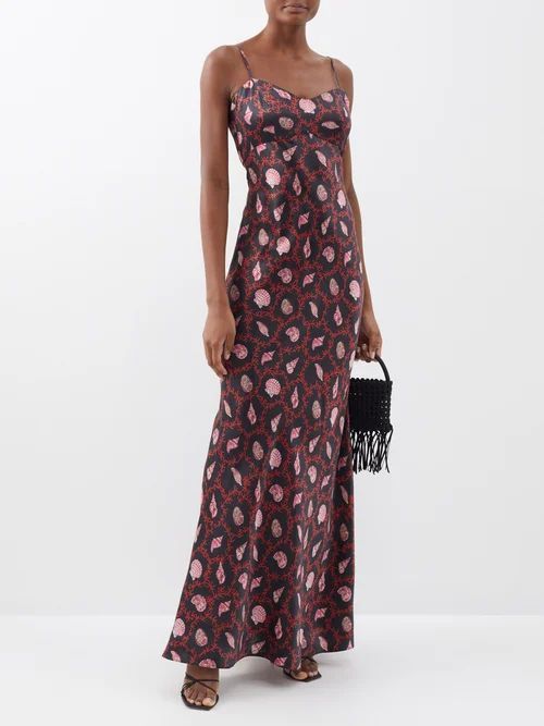 Mimi Shell-print Silk-satin Maxi Dress - Womens - Black Red