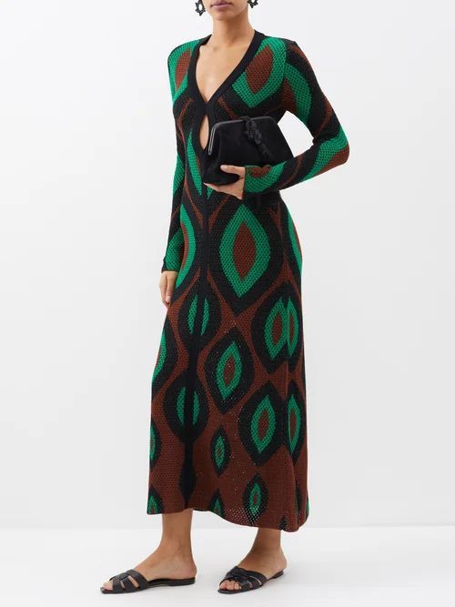 Mysterious World Knitted Cotton Midi Dress - Womens - Green Brown