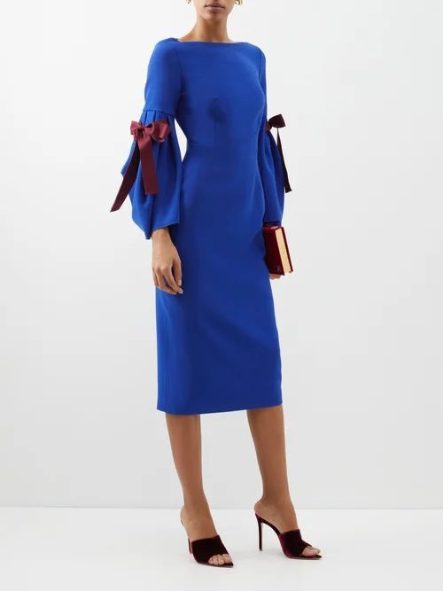 Bow-sleeve Crepe Midi Dress - Womens - Blue