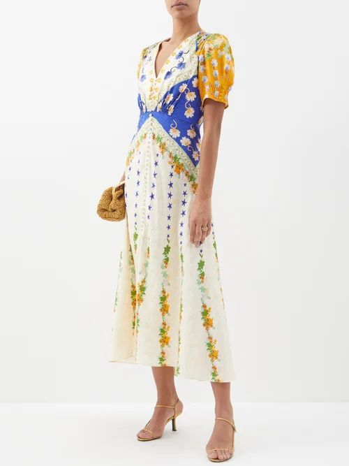 Lea Floral-print Silk Midi Dress - Womens - White Yellow Multi