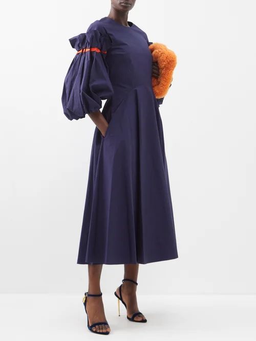 Puff-sleeve Cotton-poplin Dress - Womens - Navy
