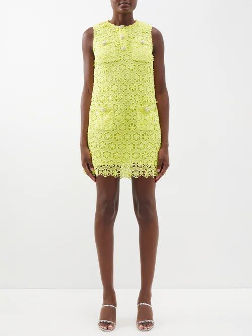 Daisy-embroidered Guipure-lace Mini Dress - Womens - Lime Green