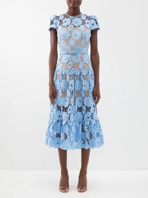 Guipure-lace Midi Dress - Womens - Blue