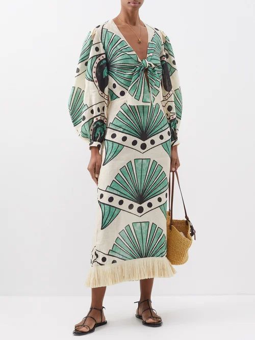 Mother Continent Palm-print Fringed Linen Dress - Womens - Green Print