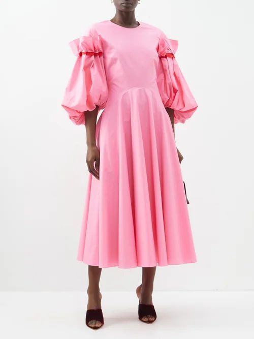 Balloon Sleeve High-neck Cotton Dress - Womens - Pink