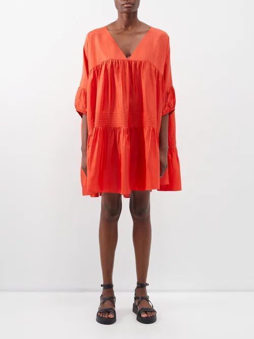Airi V-neck Gathered Silk Mini Dress - Womens - Red