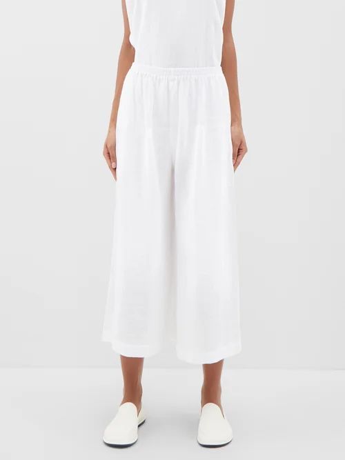 Cropped Linen Wide-leg Trousers - Womens - White