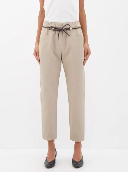 Drawstring-waist Cotton Straight-leg Trousers - Womens - Khaki Brown