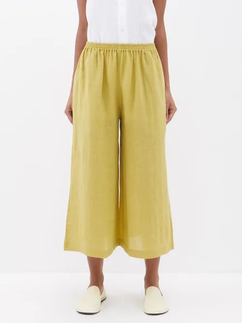 Elasticated-waist Flared Linen Cropped Trousers - Womens - Yellow