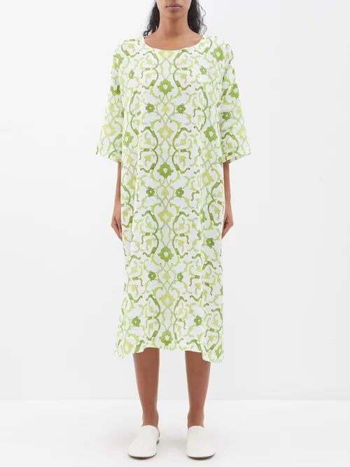 Floral-print Linen Midi Dress - Womens - Green