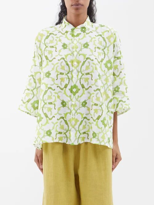 Floral-print Dropped-shoulder Linen Shirt - Womens - Green