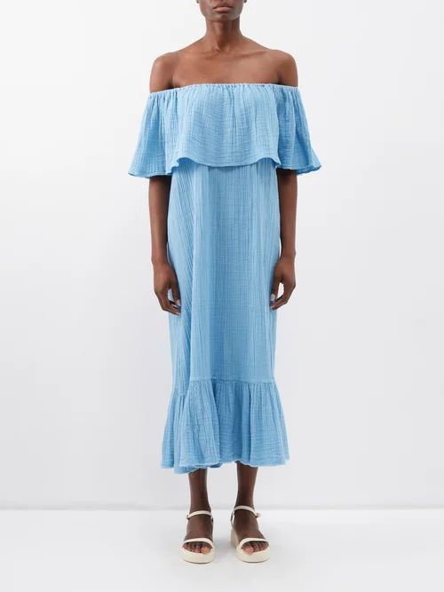 Freya Off-the-shoulder Cotton Midi Dress - Womens - Light Blue