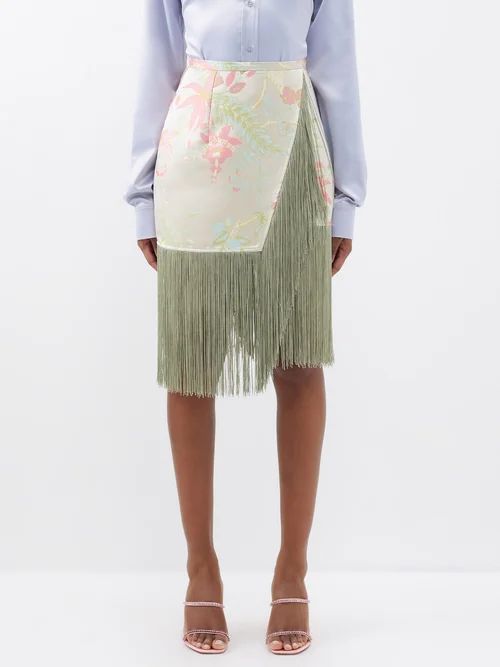 Fringed Floral Satin-jacquard Wrap Skirt - Womens - Multi