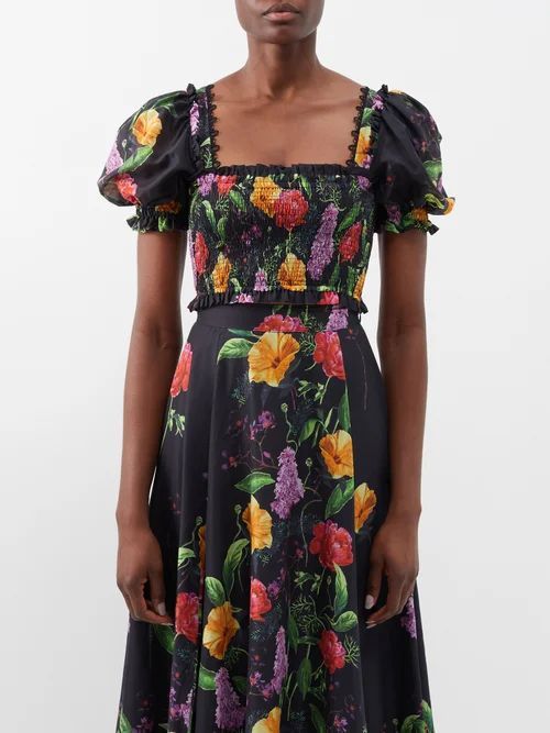 Lindo Floral-print Cotton-blend Cropped Top - Womens - Black Print