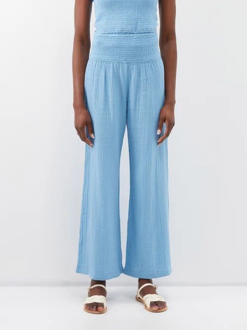 Maya Shirred Cotton Wide-leg Trousers - Womens - Light Blue