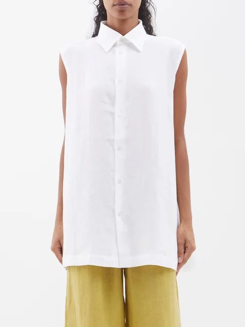 Side-slit Linen Sleeveless Shirt - Womens - White