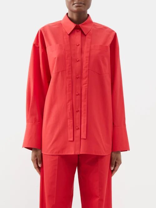 Tie-neck Cotton-poplin Shirt - Womens - Red
