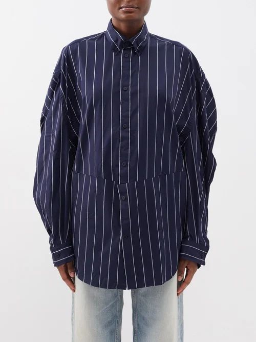 Twisted-seam Striped Cotton-blend Oversized Shirt - Womens - Navy