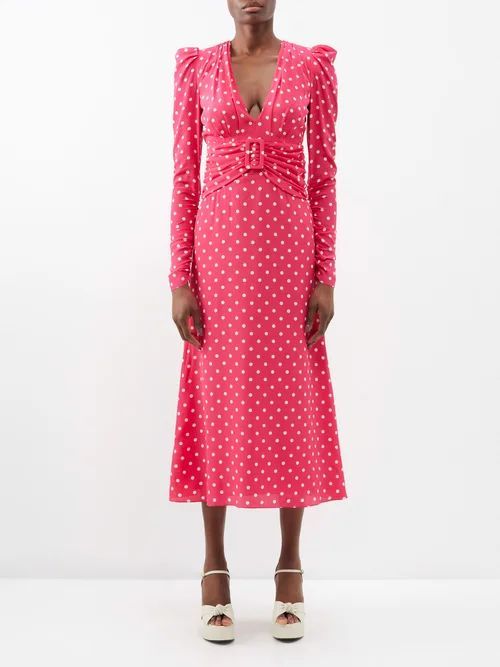 V-neck Polka Dot-print Buckled Silk Dress - Womens - Pink Multi